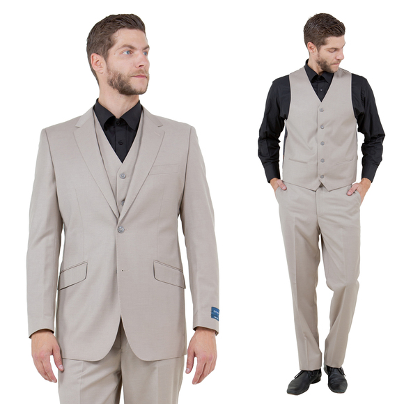 Modern Fit 3pc Wool Mens Suit Set by ZeGarie, Tan - Picture 1 of 6